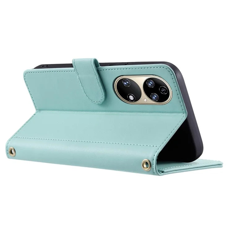 For Huawei P50 4G Case with Shoulder Strap Stand PU Leather Wallet Phone Cover