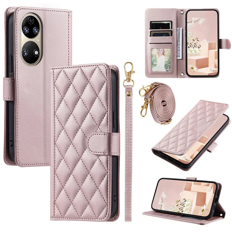 For Huawei P50 4G Case with Shoulder Strap Stand PU Leather Wallet Phone Cover