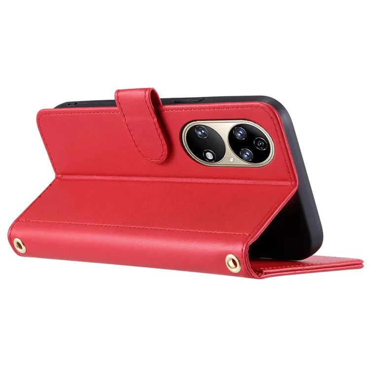 For Huawei P50 4G Case with Shoulder Strap Stand PU Leather Wallet Phone Cover