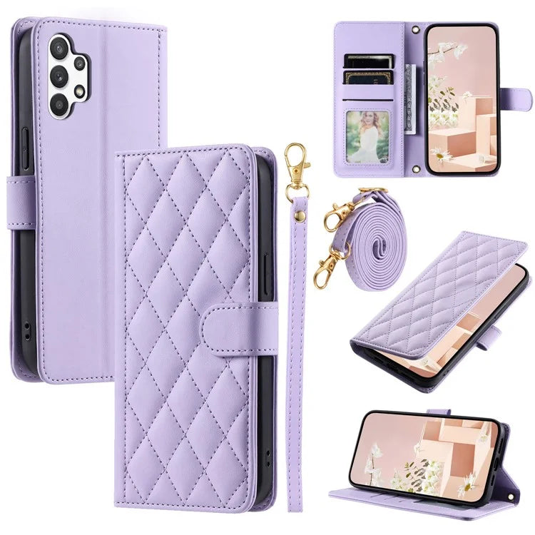 For Samsung Galaxy A32 5G / M32 5G Case Rhombus Grid Wallet Crossbody Phone Bag Cover