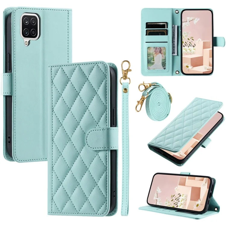 For Samsung Galaxy A12 Case Leather Wallet Flip Phone Cover with Shoulder Strap