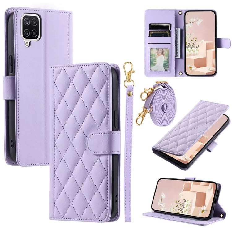 For Samsung Galaxy A12 Case Leather Wallet Flip Phone Cover with Shoulder Strap