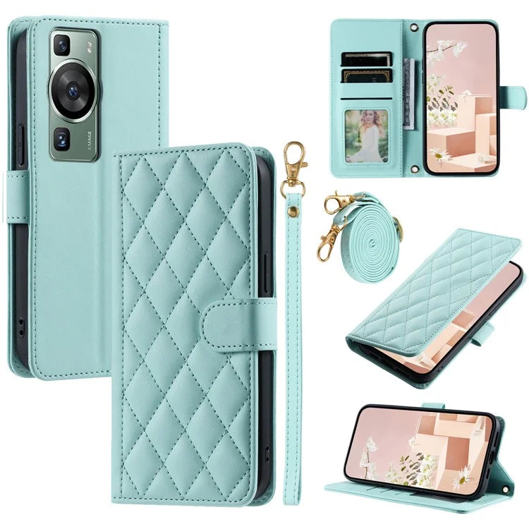 For Huawei P60 / P60 Pro Wallet Case Leather Phone Cover Rhombus Grid Pattern