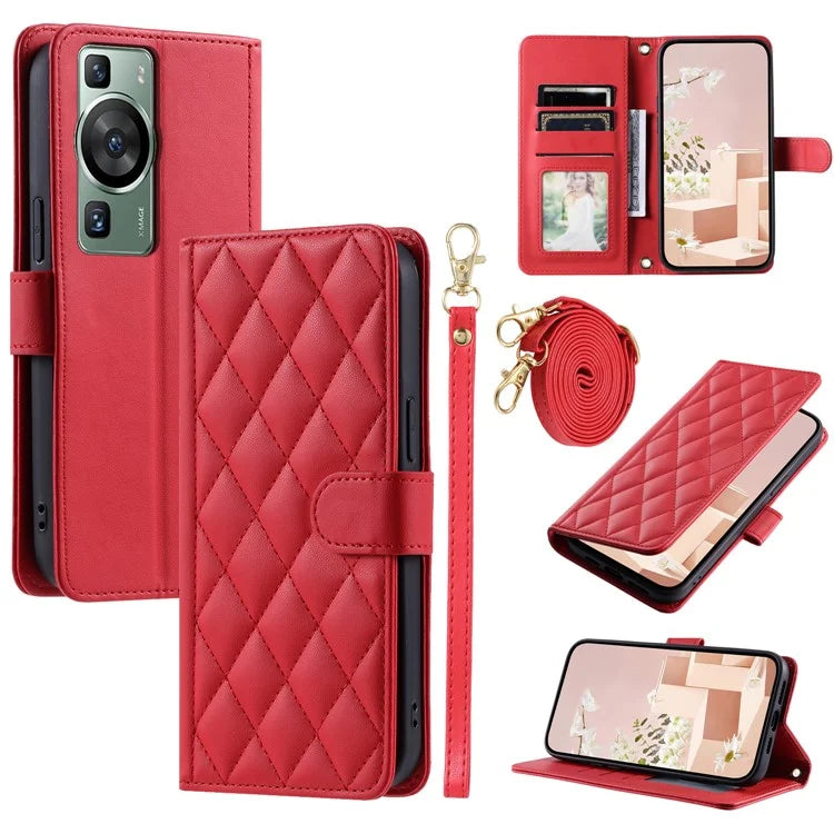 For Huawei P60 / P60 Pro Wallet Case Leather Phone Cover Rhombus Grid Pattern
