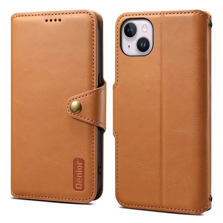 DENIOR For iPhone 15 Plus Leather Case Wallet Phone Cover Cowhide Texture