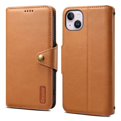 DENIOR For iPhone 15 Plus Leather Case Wallet Phone Cover Cowhide Texture