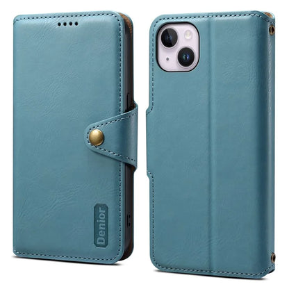 DENIOR For iPhone 15 Plus Leather Case Wallet Phone Cover Cowhide Texture