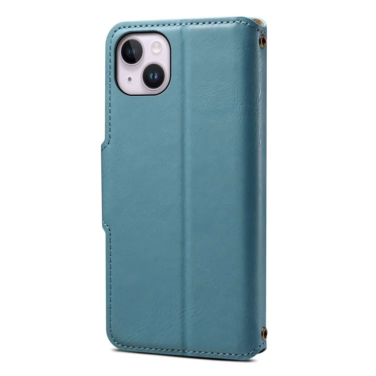 DENIOR For iPhone 15 Plus Leather Case Wallet Phone Cover Cowhide Texture