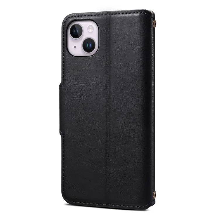DENIOR For iPhone 15 Plus Leather Case Wallet Phone Cover Cowhide Texture