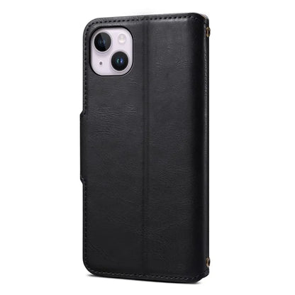 DENIOR For iPhone 15 Plus Leather Case Wallet Phone Cover Cowhide Texture