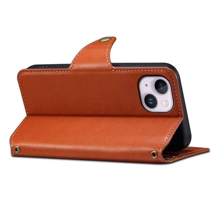 DENIOR For iPhone 15 Plus Leather Case Wallet Phone Cover Cowhide Texture
