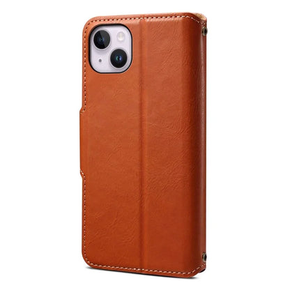 DENIOR For iPhone 15 Plus Leather Case Wallet Phone Cover Cowhide Texture