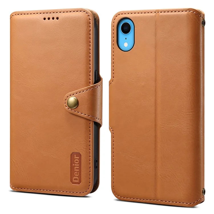 DENIOR For iPhone XR Case PU Leather Cowhide Texture Wallet Protective Phone Cover