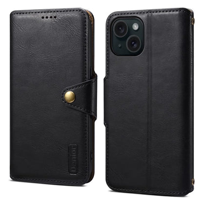 DENIOR For iPhone 15 Wallet Case Cowhide Texture PU Leather Phone Cover with Folding Stand