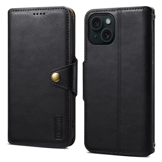 DENIOR For iPhone 15 Wallet Case Cowhide Texture PU Leather Phone Cover with Folding Stand