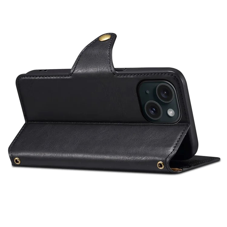 DENIOR For iPhone 15 Wallet Case Cowhide Texture PU Leather Phone Cover with Folding Stand