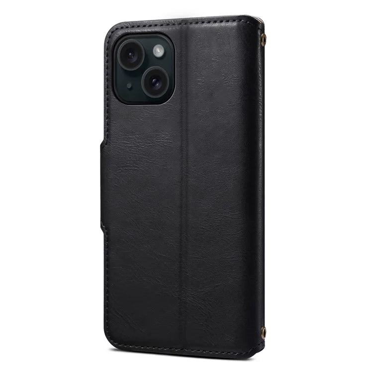 DENIOR For iPhone 15 Wallet Case Cowhide Texture PU Leather Phone Cover with Folding Stand