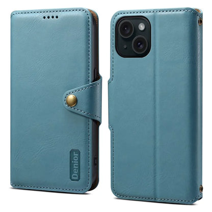 DENIOR For iPhone 15 Wallet Case Cowhide Texture PU Leather Phone Cover with Folding Stand