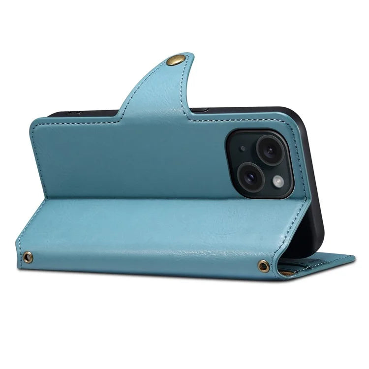 DENIOR For iPhone 15 Wallet Case Cowhide Texture PU Leather Phone Cover with Folding Stand
