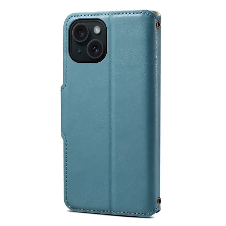 DENIOR For iPhone 15 Wallet Case Cowhide Texture PU Leather Phone Cover with Folding Stand