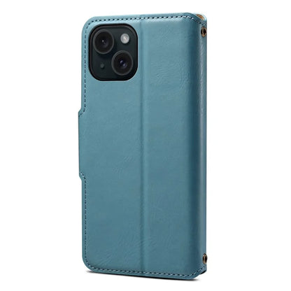 DENIOR For iPhone 15 Wallet Case Cowhide Texture PU Leather Phone Cover with Folding Stand