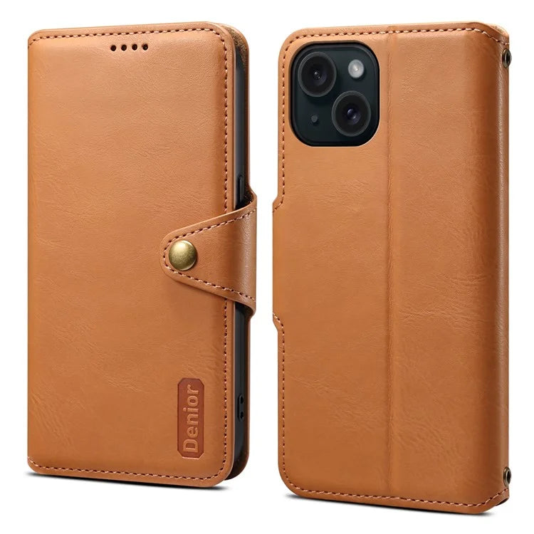 DENIOR For iPhone 15 Wallet Case Cowhide Texture PU Leather Phone Cover with Folding Stand
