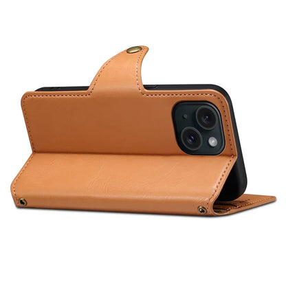 DENIOR For iPhone 15 Wallet Case Cowhide Texture PU Leather Phone Cover with Folding Stand