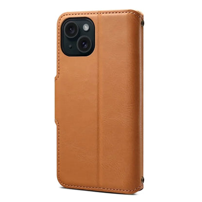 DENIOR For iPhone 15 Wallet Case Cowhide Texture PU Leather Phone Cover with Folding Stand