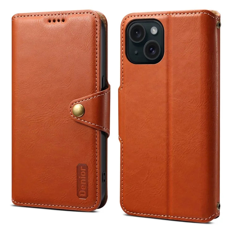 DENIOR For iPhone 15 Wallet Case Cowhide Texture PU Leather Phone Cover with Folding Stand