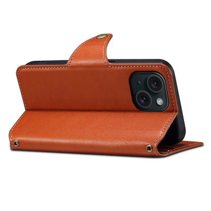 DENIOR For iPhone 15 Wallet Case Cowhide Texture PU Leather Phone Cover with Folding Stand