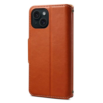 DENIOR For iPhone 15 Wallet Case Cowhide Texture PU Leather Phone Cover with Folding Stand