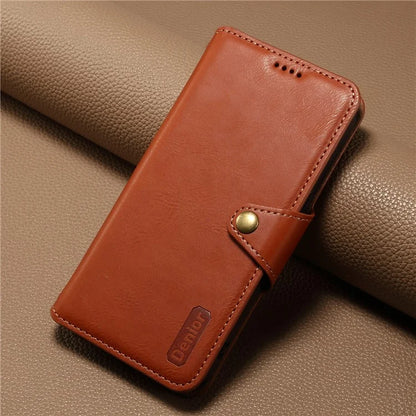 DENIOR For iPhone 15 Wallet Case Cowhide Texture PU Leather Phone Cover with Folding Stand