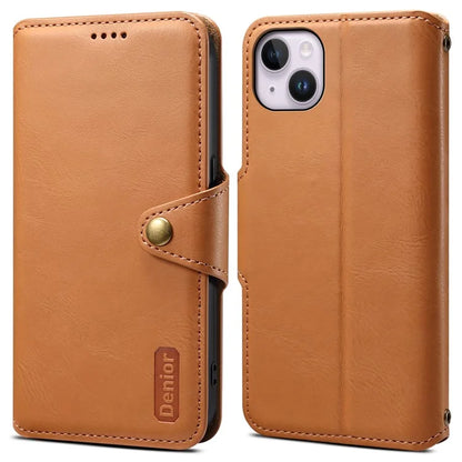 DENIOR For iPhone 14 Plus Shockproof Case Cowhide Texture Stand Mobile Phone Cover