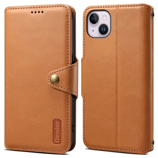 DENIOR For iPhone 14 Plus Shockproof Case Cowhide Texture Stand Mobile Phone Cover