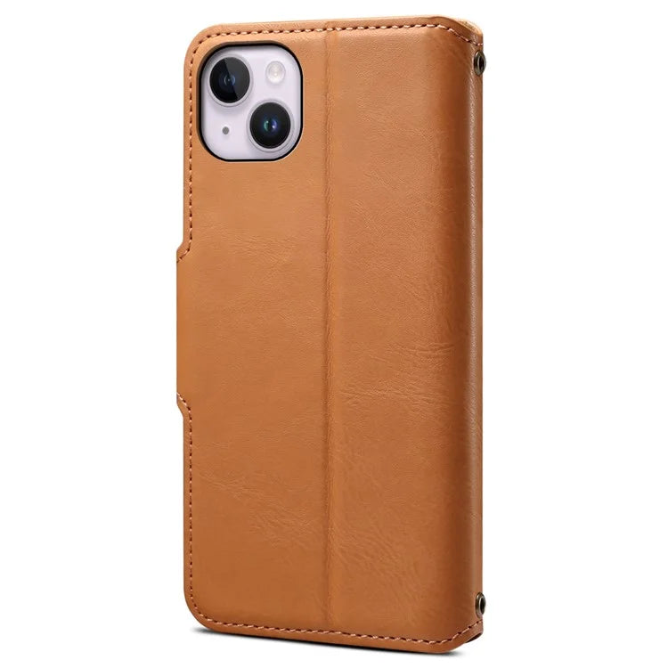 DENIOR For iPhone 14 Plus Shockproof Case Cowhide Texture Stand Mobile Phone Cover