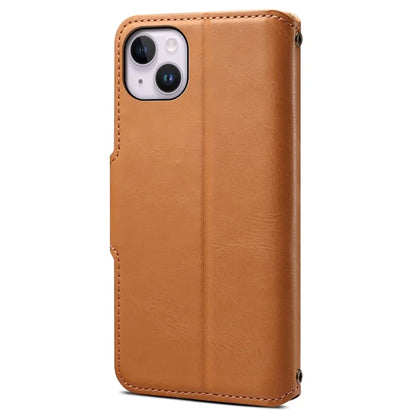 DENIOR For iPhone 14 Plus Shockproof Case Cowhide Texture Stand Mobile Phone Cover