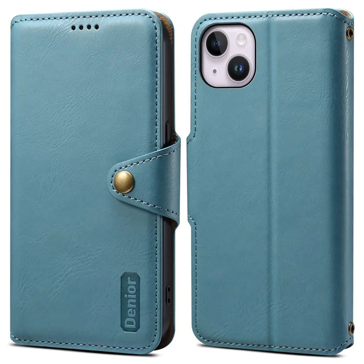 DENIOR For iPhone 14 Plus Shockproof Case Cowhide Texture Stand Mobile Phone Cover