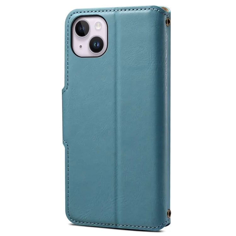 DENIOR For iPhone 14 Plus Shockproof Case Cowhide Texture Stand Mobile Phone Cover