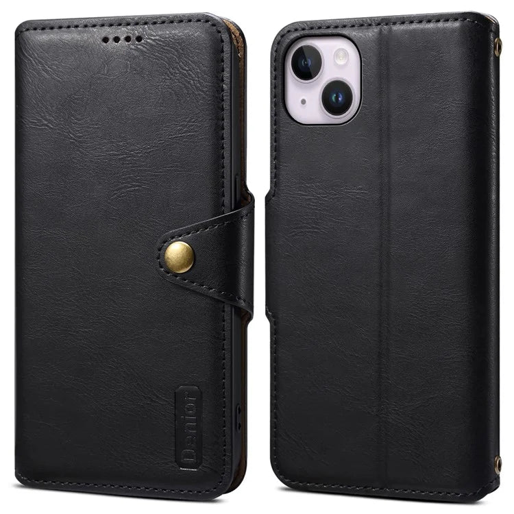 DENIOR For iPhone 14 Plus Shockproof Case Cowhide Texture Stand Mobile Phone Cover