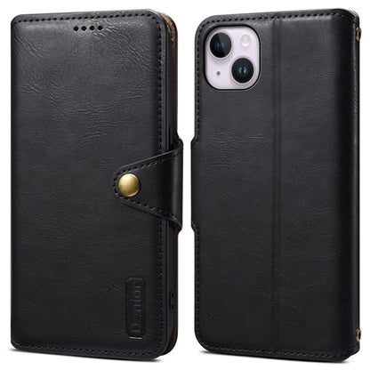 DENIOR For iPhone 14 Plus Shockproof Case Cowhide Texture Stand Mobile Phone Cover