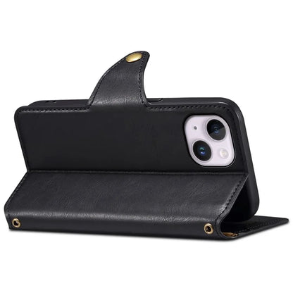 DENIOR For iPhone 14 Plus Shockproof Case Cowhide Texture Stand Mobile Phone Cover