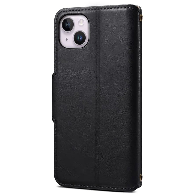DENIOR For iPhone 14 Plus Shockproof Case Cowhide Texture Stand Mobile Phone Cover