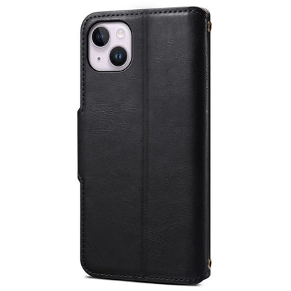DENIOR For iPhone 14 Plus Shockproof Case Cowhide Texture Stand Mobile Phone Cover