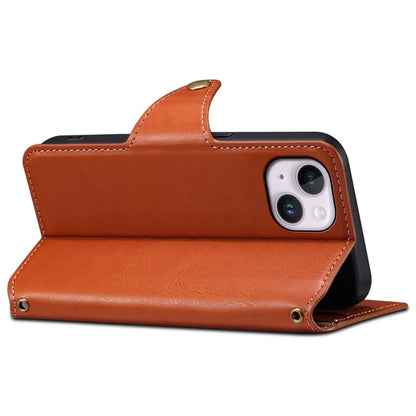 DENIOR For iPhone 14 Plus Shockproof Case Cowhide Texture Stand Mobile Phone Cover