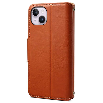 DENIOR For iPhone 14 Plus Shockproof Case Cowhide Texture Stand Mobile Phone Cover