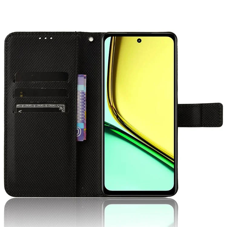 For Realme C67 4G Case Diamond Texture Leather Folio Stand View Cover with Strap