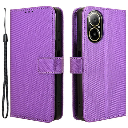 For Realme C67 4G Case Diamond Texture Leather Folio Stand View Cover with Strap
