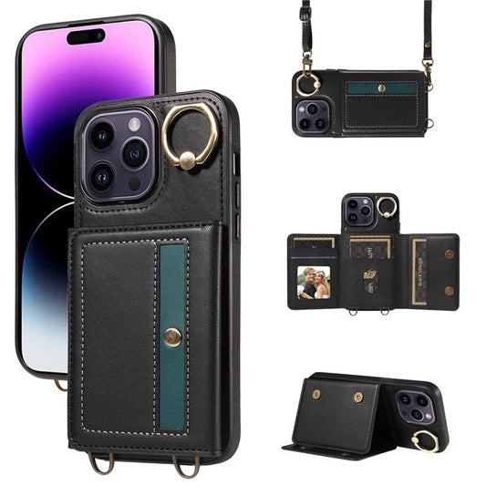 007 For iPhone 14 Pro Max Crossbody Case Leather+TPU Card Holder Phone Cover