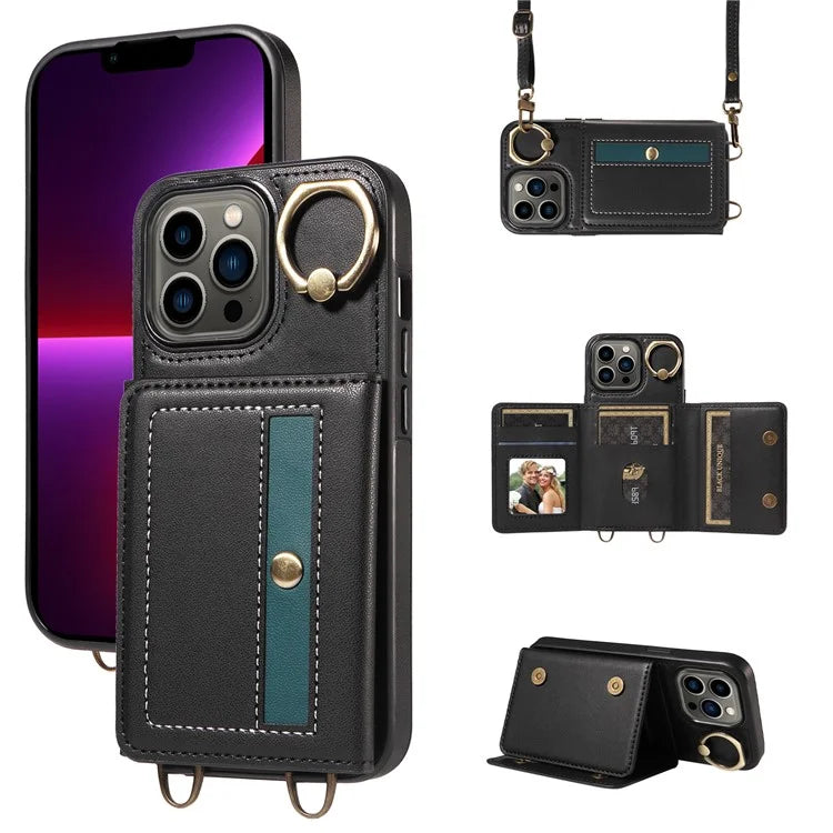 007 For iPhone 13 Pro Case Leather+TPU Phone Cover with Ring Holder Card Slots