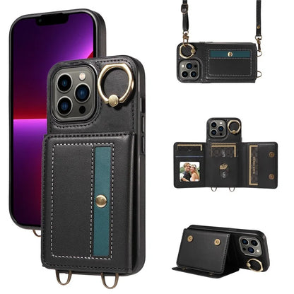 007 For iPhone 13 Pro Case Leather+TPU Phone Cover with Ring Holder Card Slots